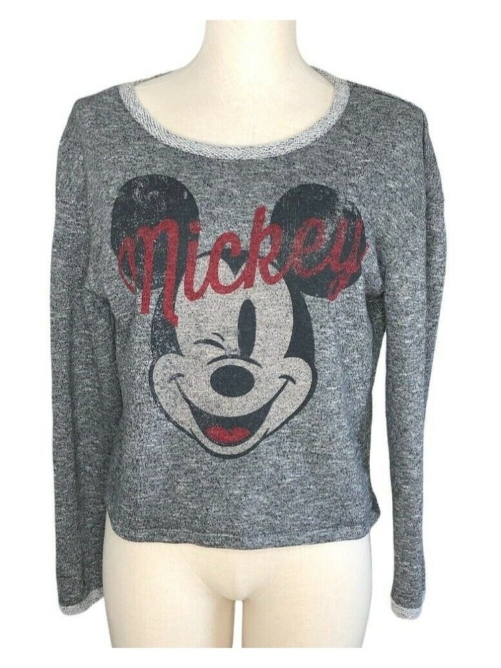Disney Mickey Mouse Sweat Shirt Womens L Graphic Gray Red Winking Crew Neck